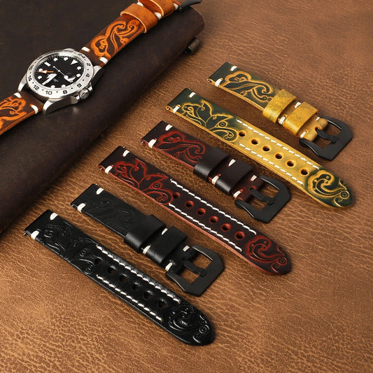 Vintage Genuine Leather Watchband 20mm 22mm 24mm Carved Watch Band Strap for Panerai Belt Stainless Steel Black Buckle for Men