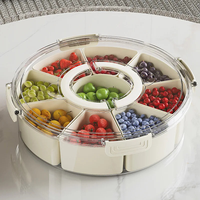 Round Snack Tray with Lid and Handle-Portable 9/6 ccells food storage box with 360 ° swivel and clear window cover for travel