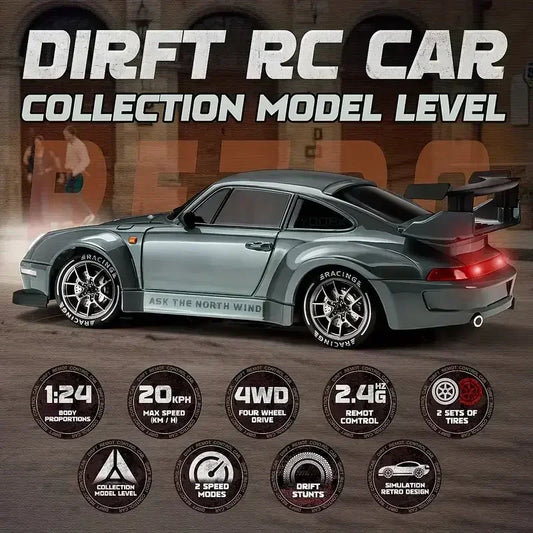 4WD 1:24 Semi-Proportional RC Drift Car - 20KM/H High Speed with LED Lights, Drift Tires & Road Barrier Toy for Kids Adults
