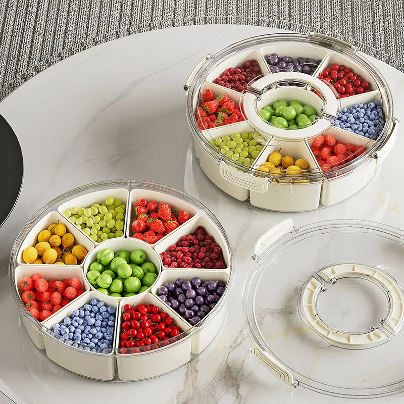 Round Snack Tray with Lid and Handle-Portable 9/6 ccells food storage box with 360 ° swivel and clear window cover for travel