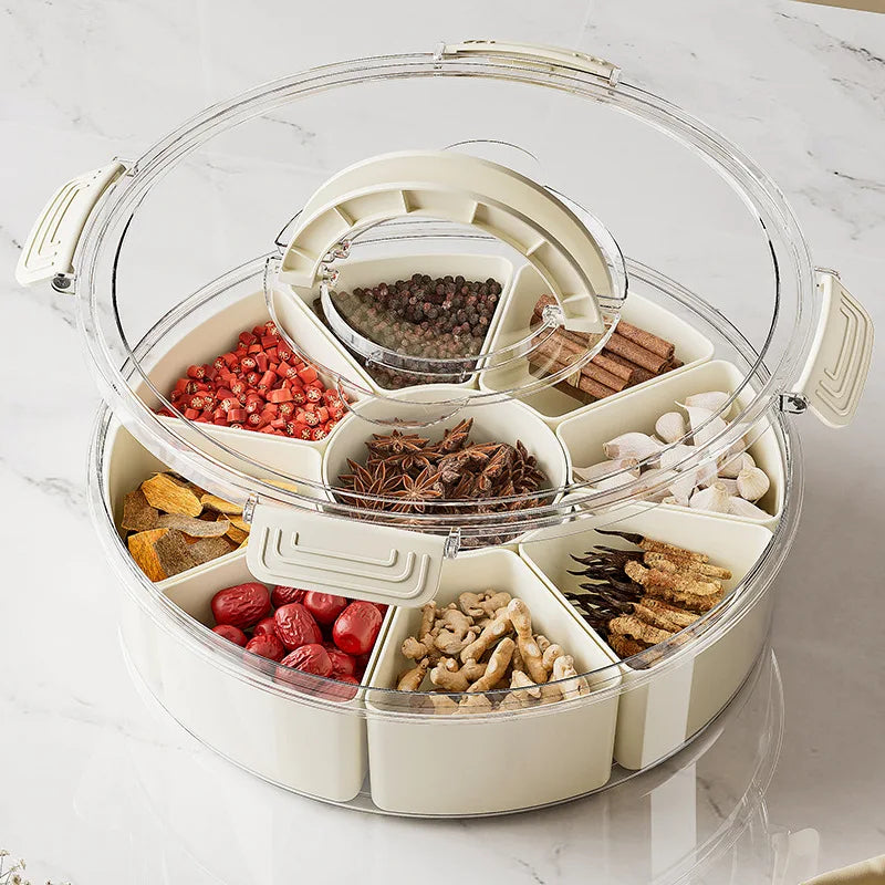 Round Snack Tray with Lid and Handle-Portable 9/6 ccells food storage box with 360 ° swivel and clear window cover for travel