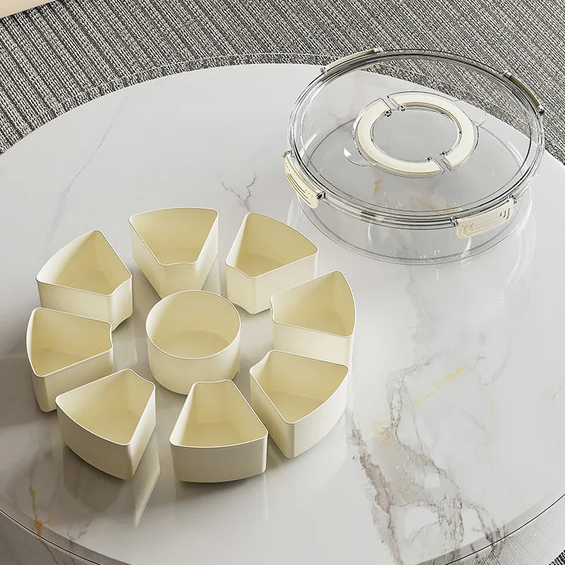 Round Snack Tray with Lid and Handle-Portable 9/6 ccells food storage box with 360 ° swivel and clear window cover for travel