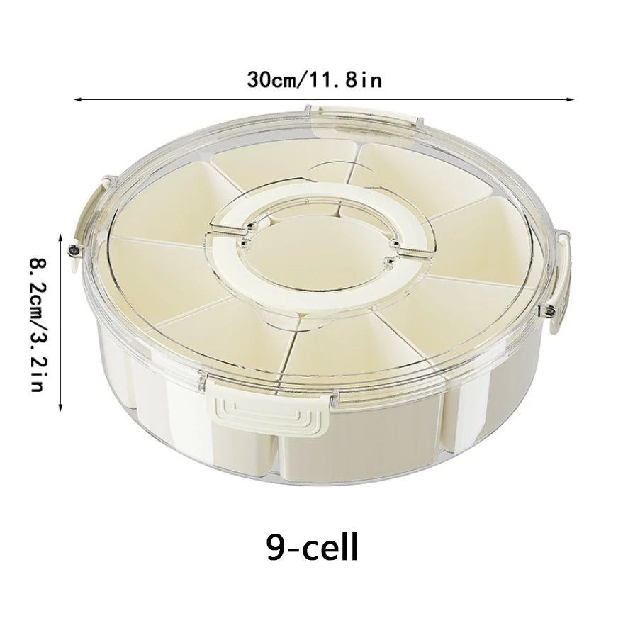 Round Snack Tray with Lid and Handle-Portable 9/6 ccells food storage box with 360 ° swivel and clear window cover for travel
