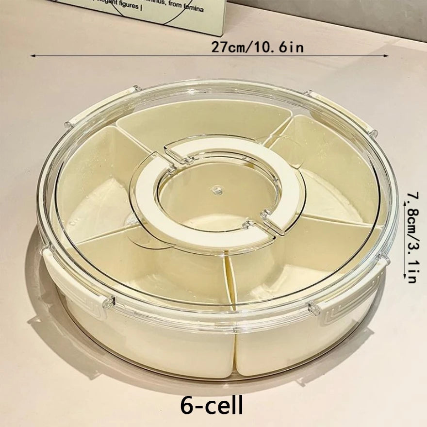 Round Snack Tray with Lid and Handle-Portable 9/6 ccells food storage box with 360 ° swivel and clear window cover for travel